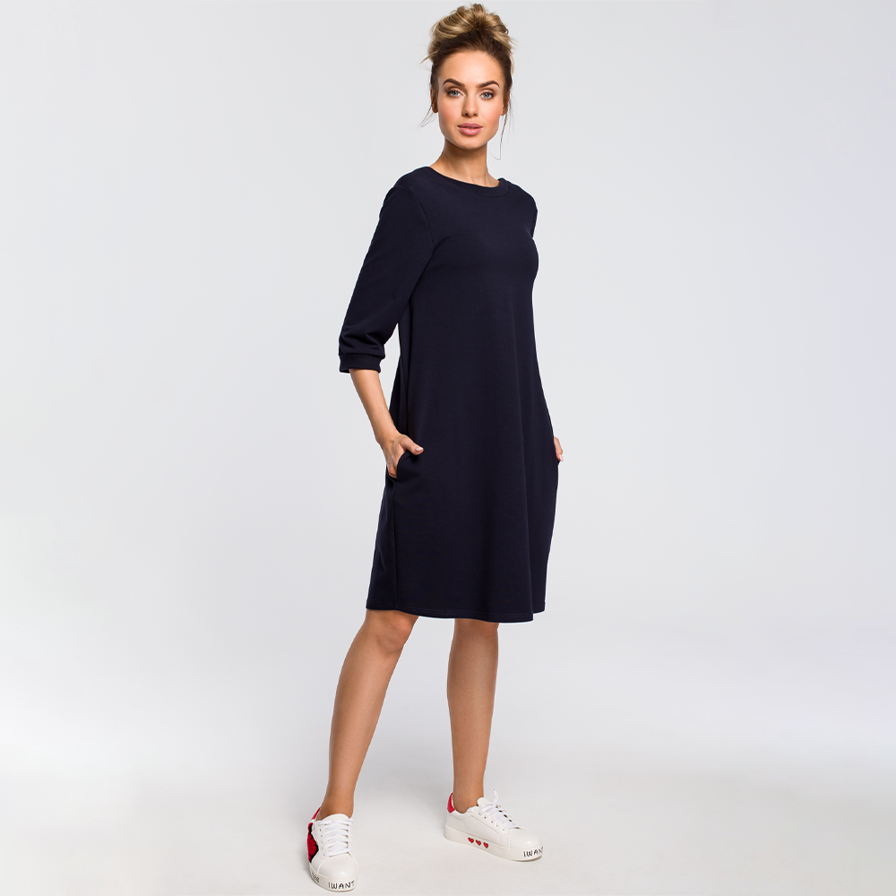 Comfy sweatshirt dress, flattering silhouette with plunging back neck.