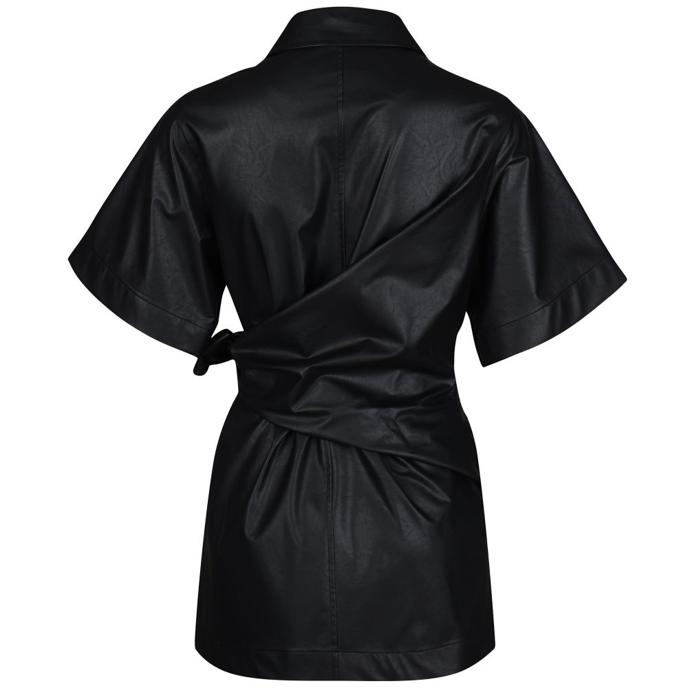 Raw-edged, Round neckline One side handkerchief-hem with patch pocket Adjustable tie belt at waist Relaxed silhouette.