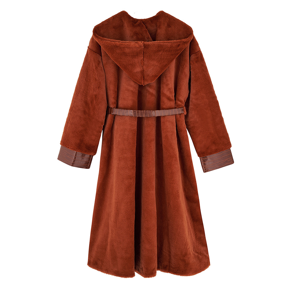 Plush coat with leather belt and sleeve detail.