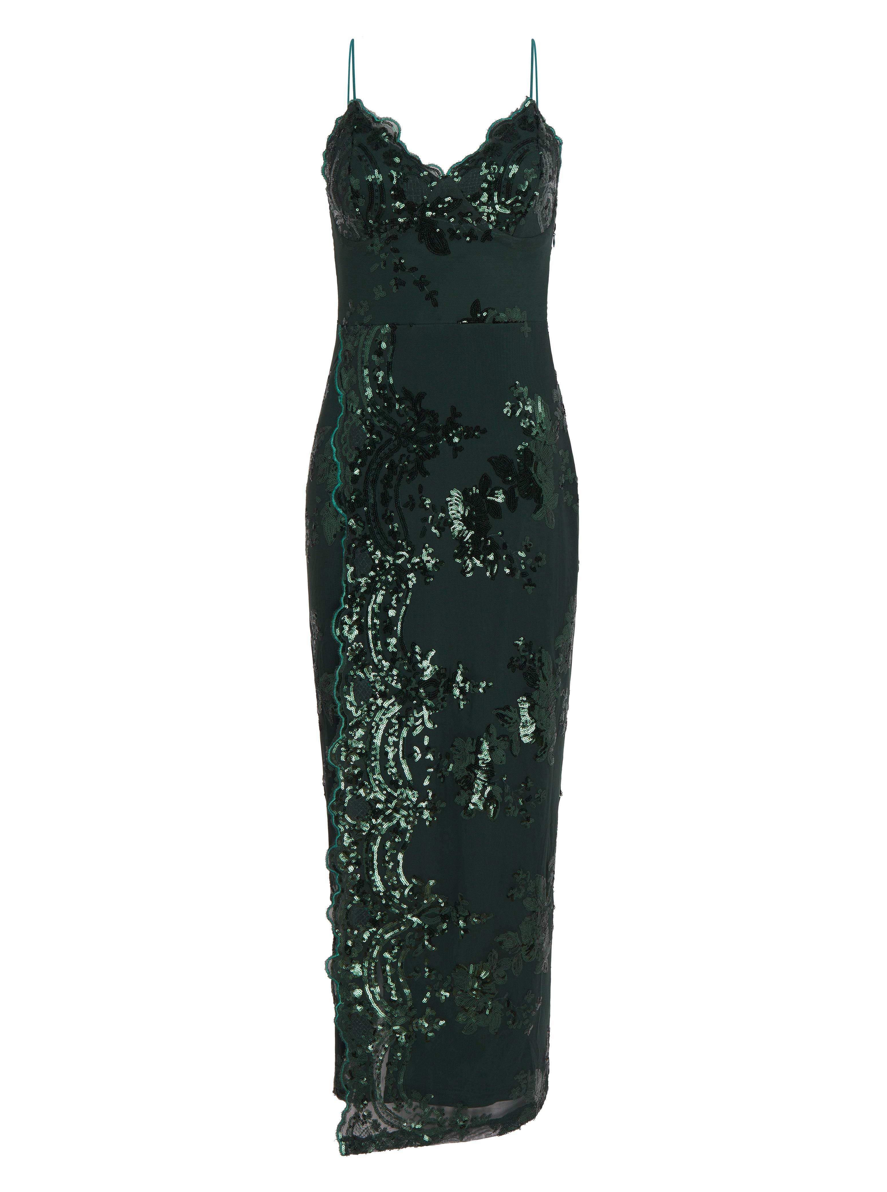 Women's Maxi Dress with Long Slit and Slim Fit in Forest Green Sequin - Liquorish
