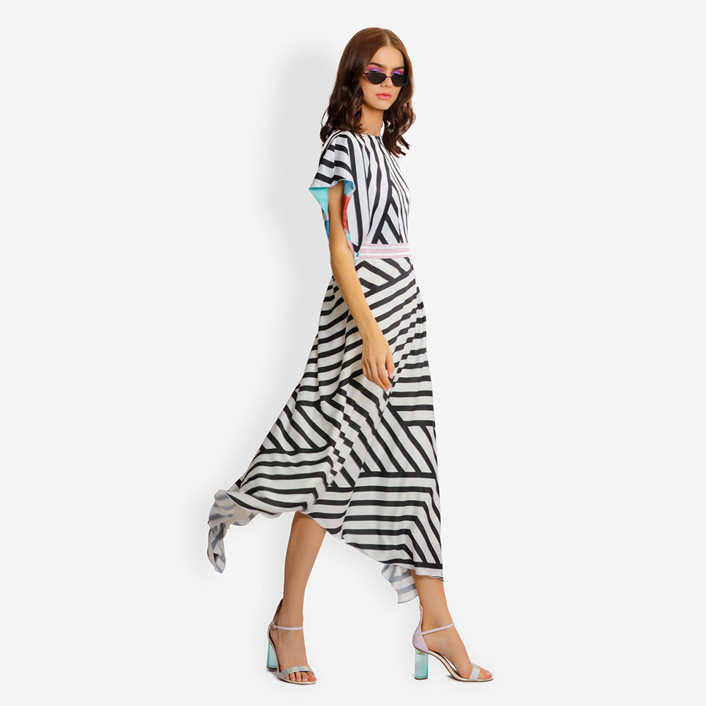 Simple yet classy a perfect pick from your wardrobe be it party or a corporate meeting. Striped Asymmetric dress.