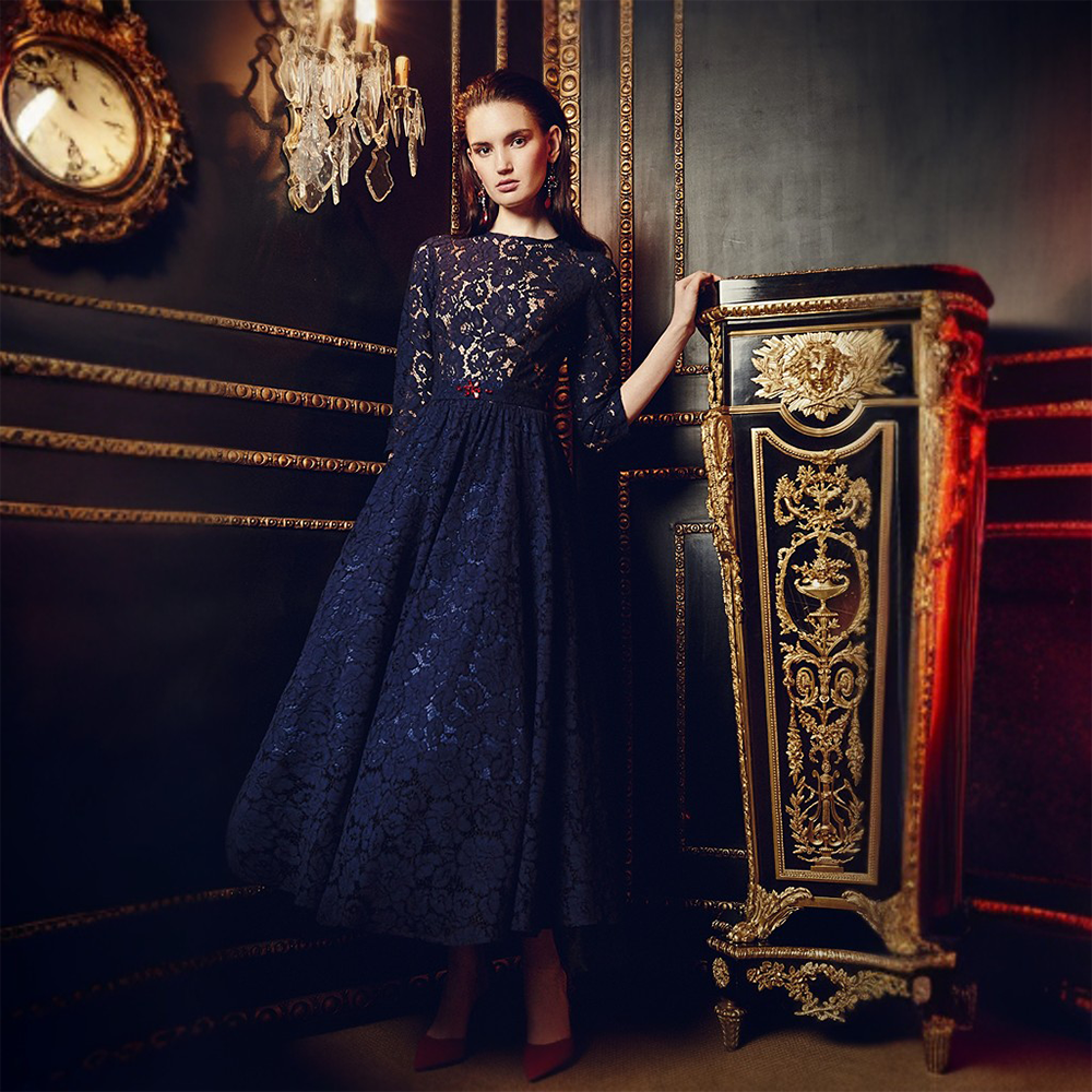 This stunning blue lace dress from MATSOUR’I can be a glamorous evening or a cocktail dress. Dress is  made from lace fabrics