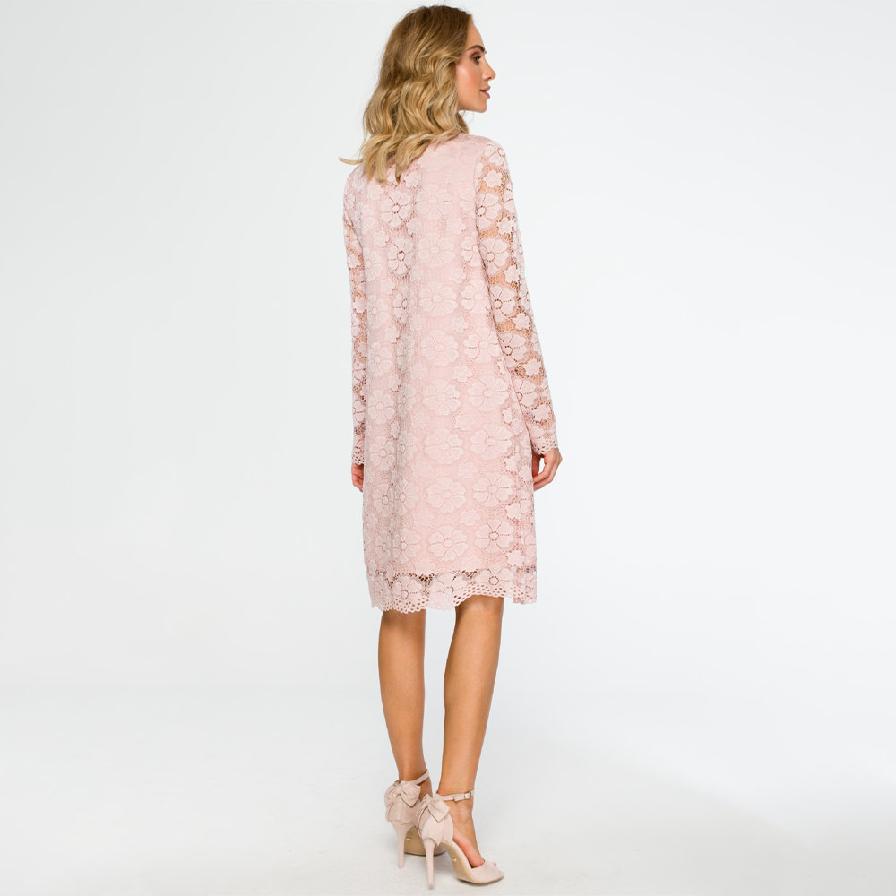 Inside woven fabric, outside lace;both layers fixed together, trapeze cut shift dress with scalloped bottom hem.