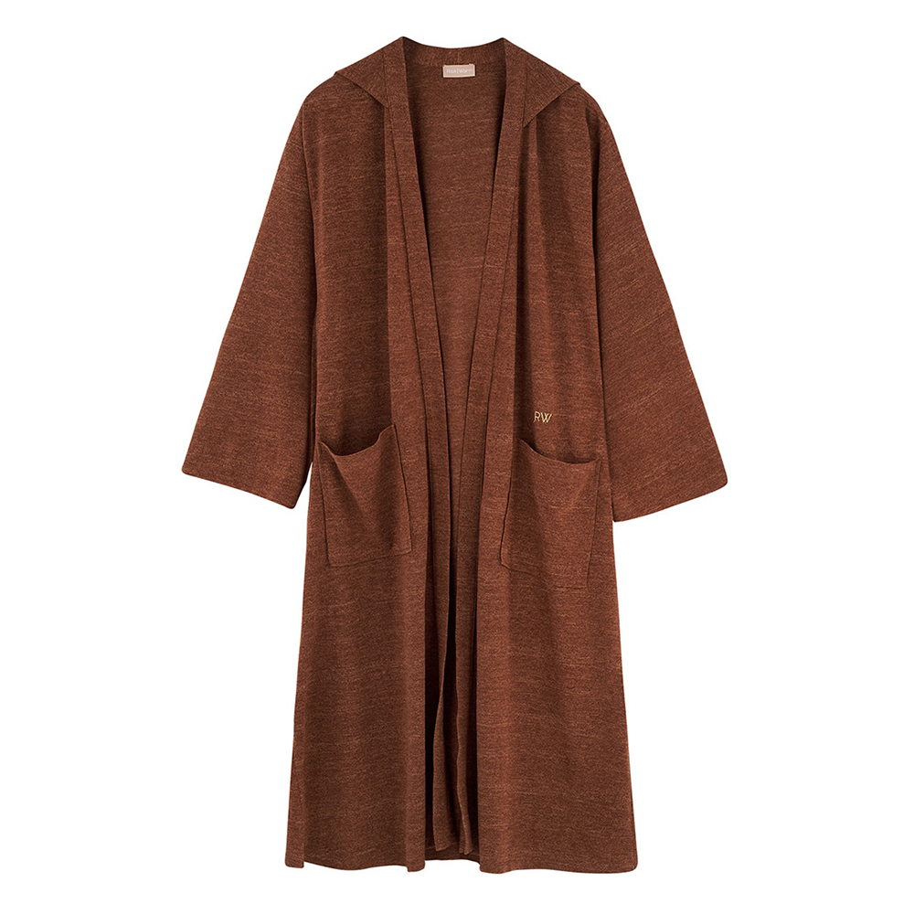 Long loose-fitting cardigan with hood and pockets.