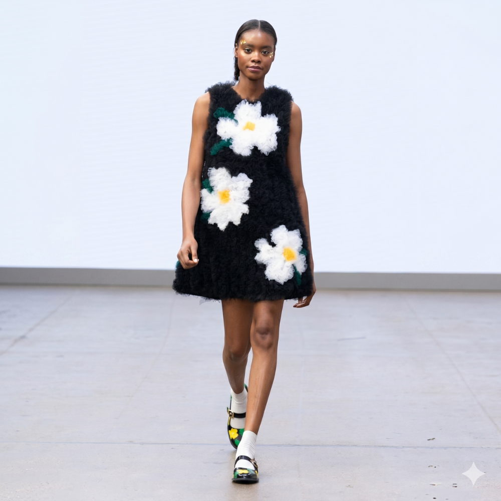 Handmade floral tulle dress with layered silhouette. One-of-a-kind piece. Shop online.