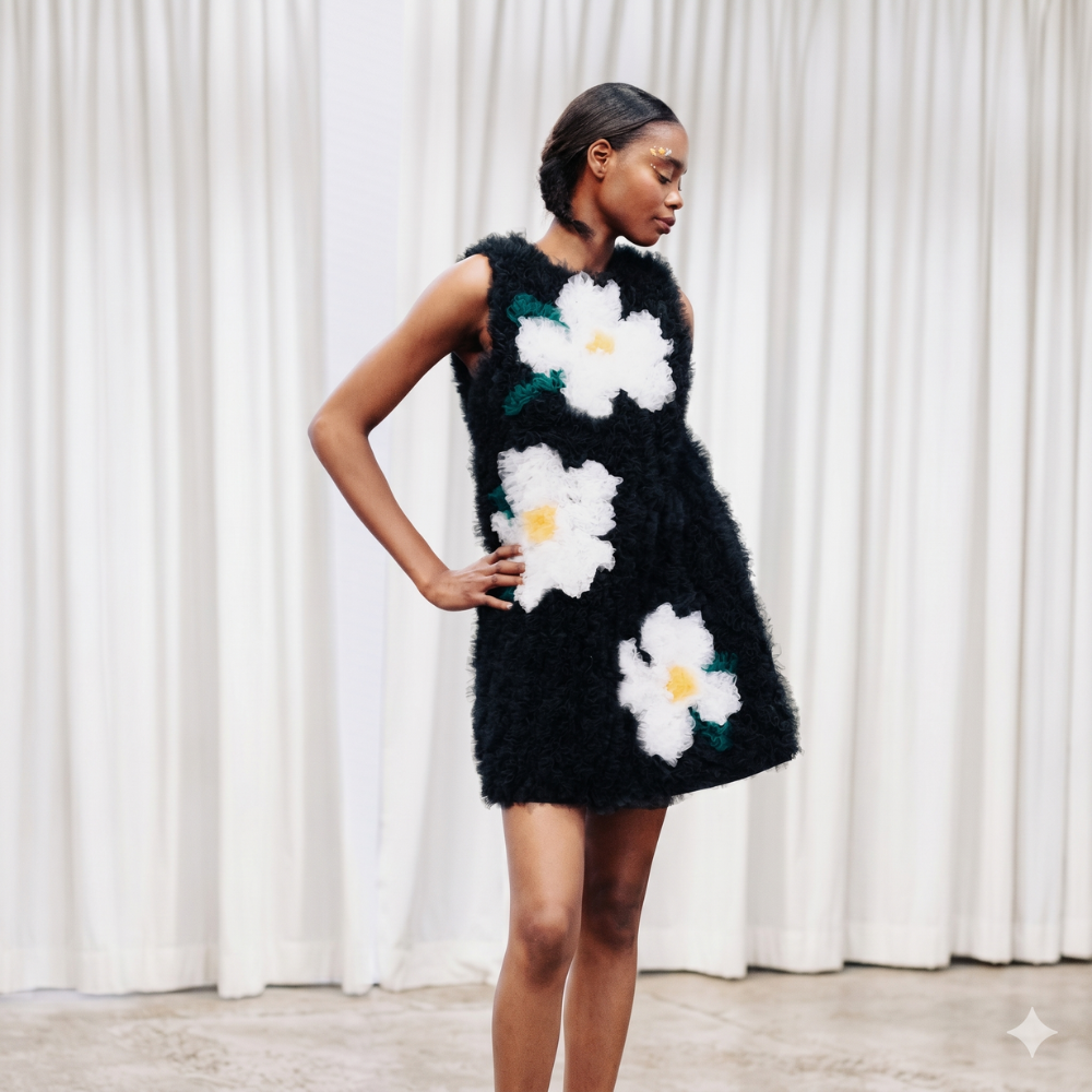 Handmade floral tulle dress with layered silhouette. One-of-a-kind piece. Shop online.