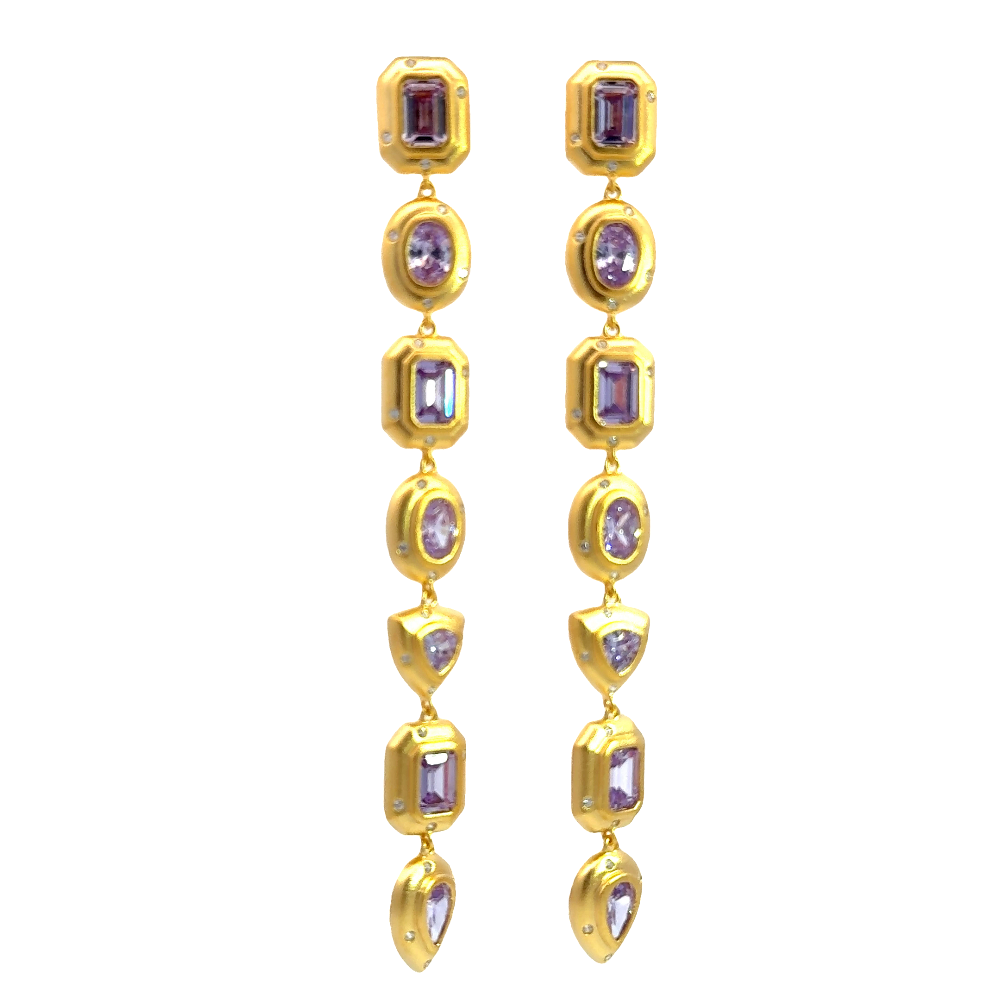 Shop online premium 18K gold lavender CZ shoulder duster earrings with asymmetrical design for a bold statement look.