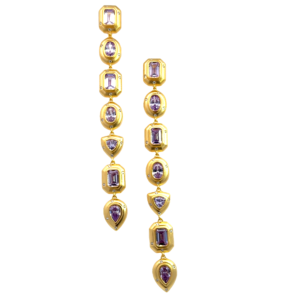Shop online premium 18K gold lavender CZ shoulder duster earrings with asymmetrical design for a bold statement look.