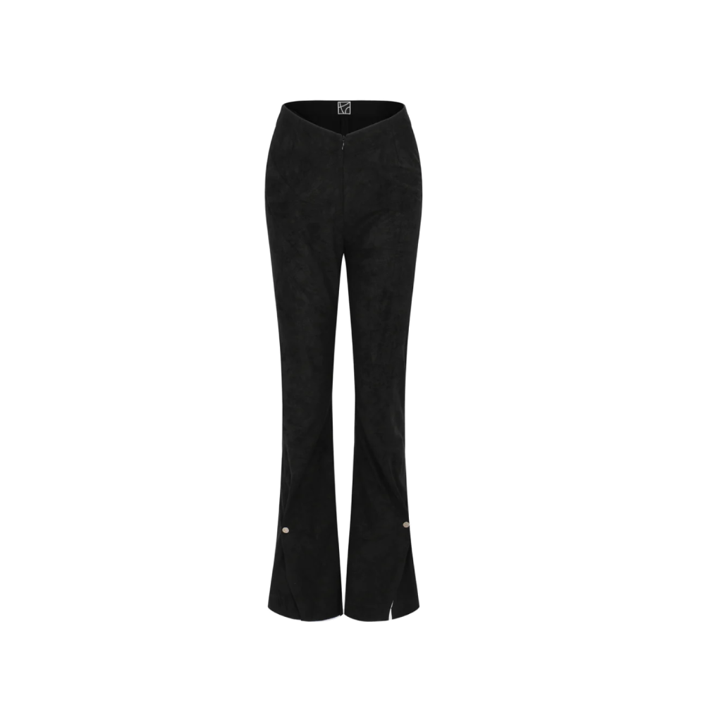 "V" shape waist flared trouser with snap fastener on trouser legs.