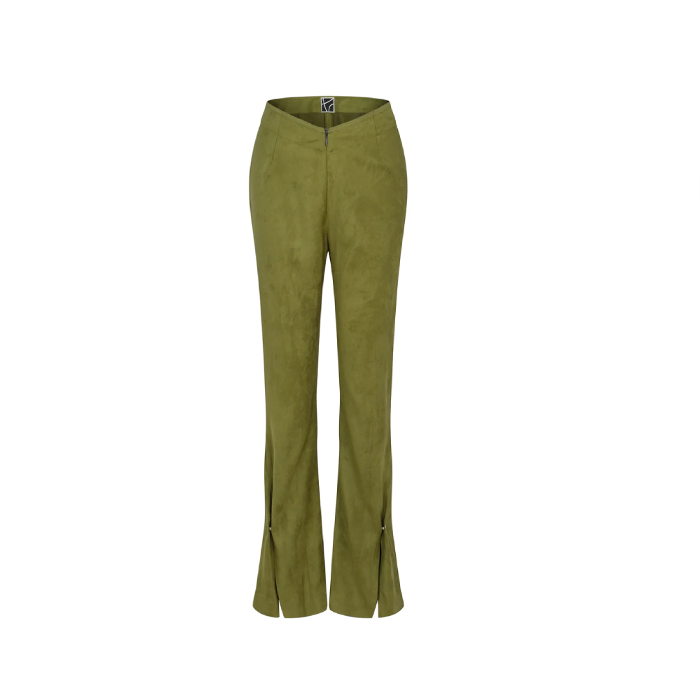 "V" shape waist flared trouser with snap fastener on trouser legs.