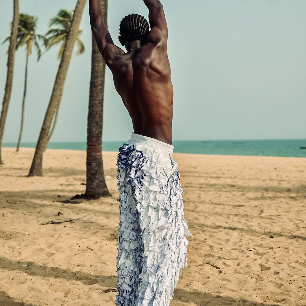 A full-length pair of pants made entirely from cut-offs on a base pair of pants. 
