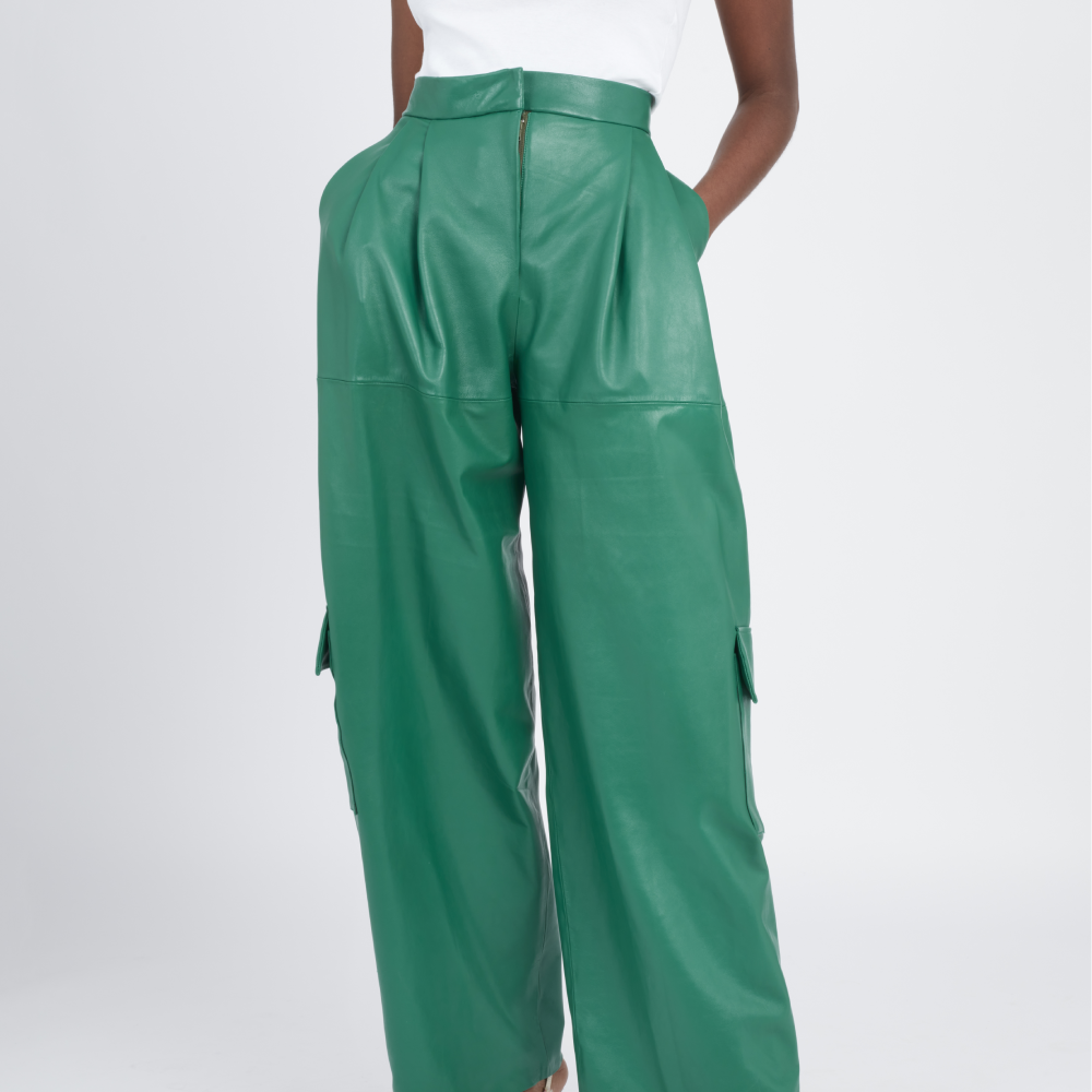 This unique cargo styles pants are  made from leather with a high-rise waist and slouchy, tapered legs.