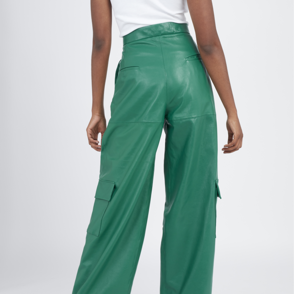 This unique cargo styles pants are  made from leather with a high-rise waist and slouchy, tapered legs.