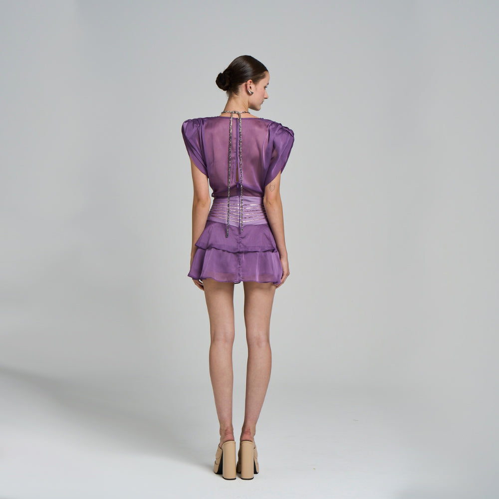 Mini Evening Dress .Metallic fabric .Rib embroidered waist .With flywheel .Wadding .Cut-out detail .Mini size