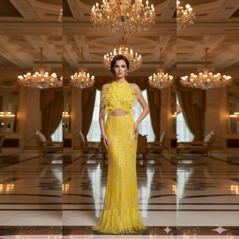 Shop online from our exclusive website. Discover the Leena sunny yellow maxi gown featuring sparkling embellishments, a flattering floor-length silhouette, and timeless elegance for weddings, galas, and special occasions.