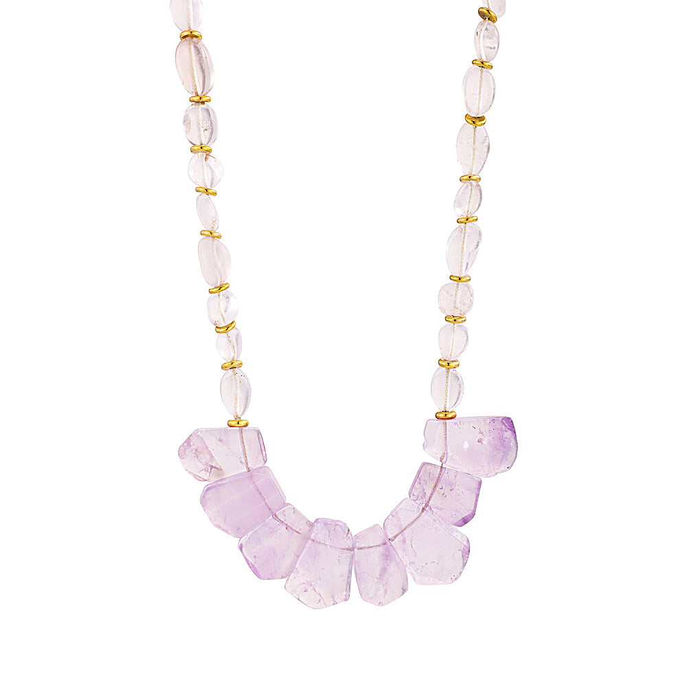 Discover the Lemuria Amethyst & Clear Quartz Beaded Statement Necklace at The Luxe Maison, featuring natural amethyst beads and luminous clear quartz for a bold, elegant look inspired by intuition and transformation.