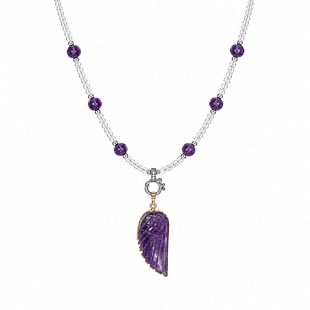 Discover the Lilith Amethyst Wing Necklace at The Luxe Maison, featuring rich violet amethyst beads and a sculptural amethyst wing pendant for an elegant, mystical touch inspired by freedom and transformation.