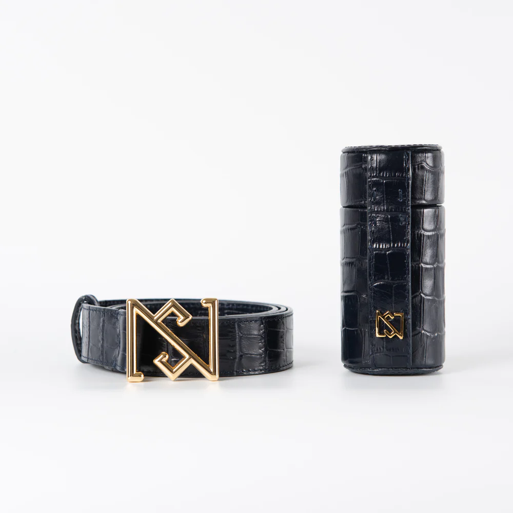 Embossed Crocodile Lipstick Belt ag with black Swarovski crystal opening and gold plated brass accessories.