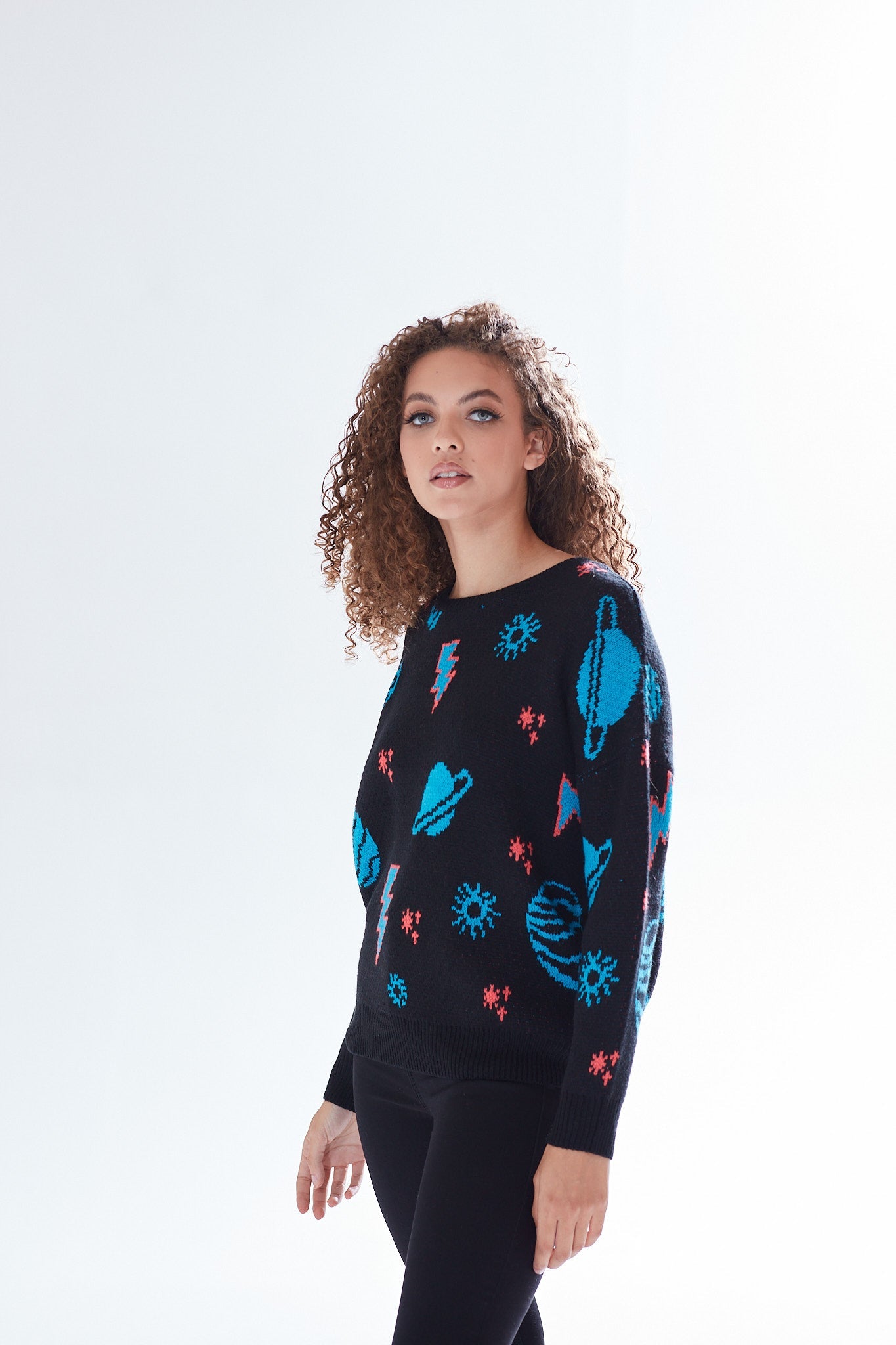 Women's Jumper with Cosmic Pattern and Button-Down Detail, Regular Fit, Long Sleeve, Soft  - Liquorish