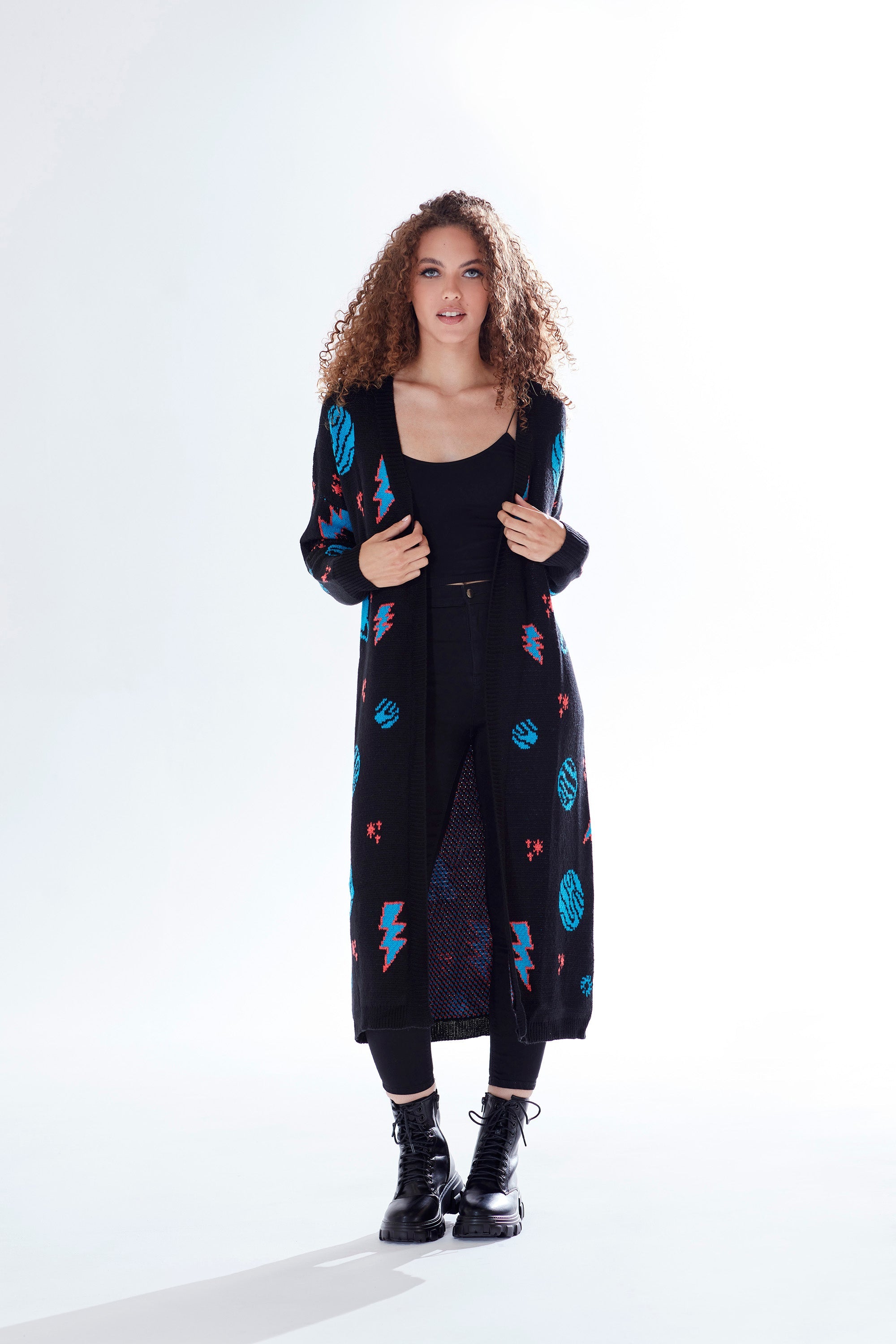 Women's Cardigan in Black with Full-Length Sleeves, Cosmic Pattern, Open Front, Stylish Design by Liquorish