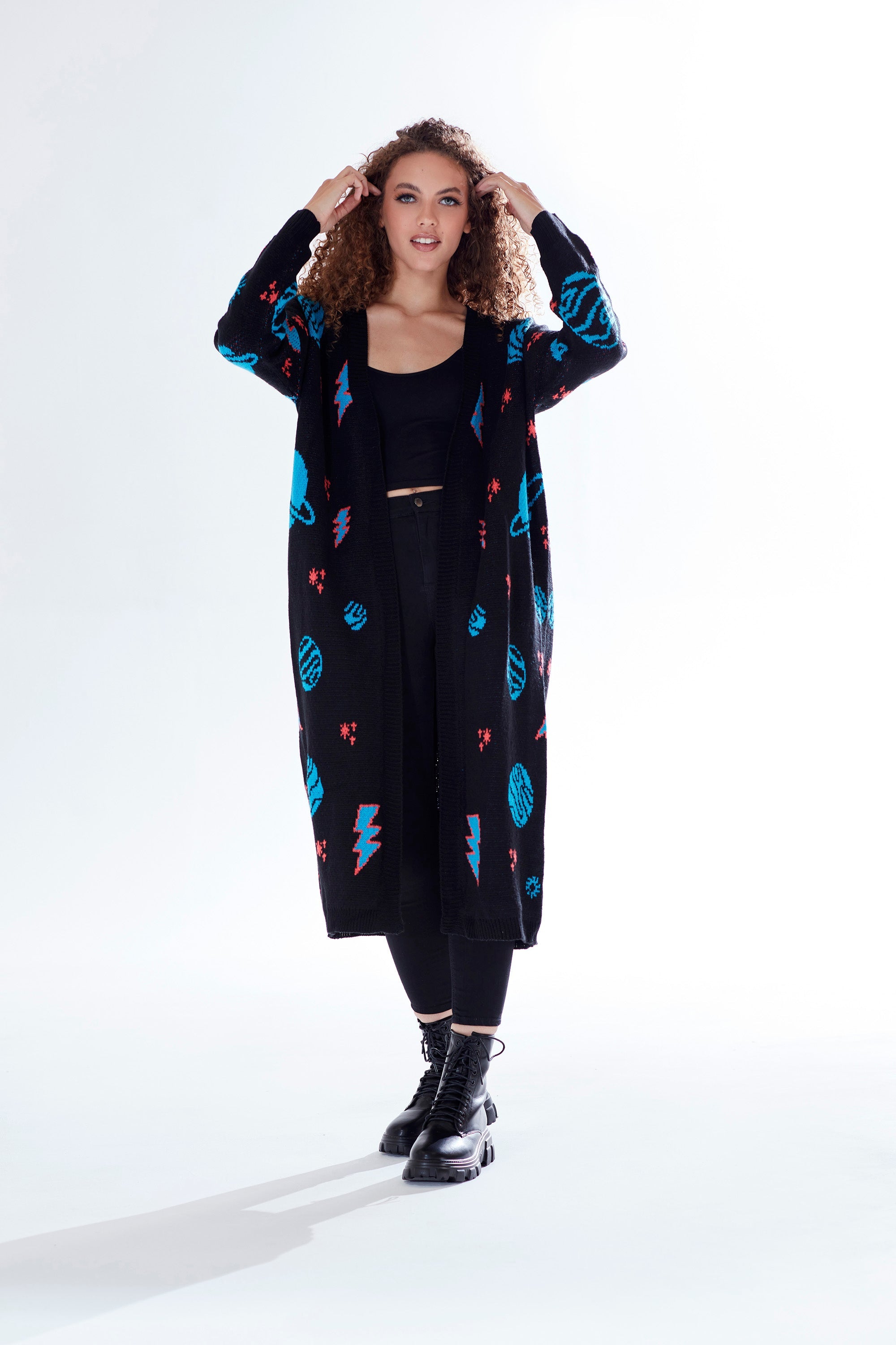 Women's Cardigan in Black with Full-Length Sleeves, Cosmic Pattern, Open Front, Stylish Design by Liquorish