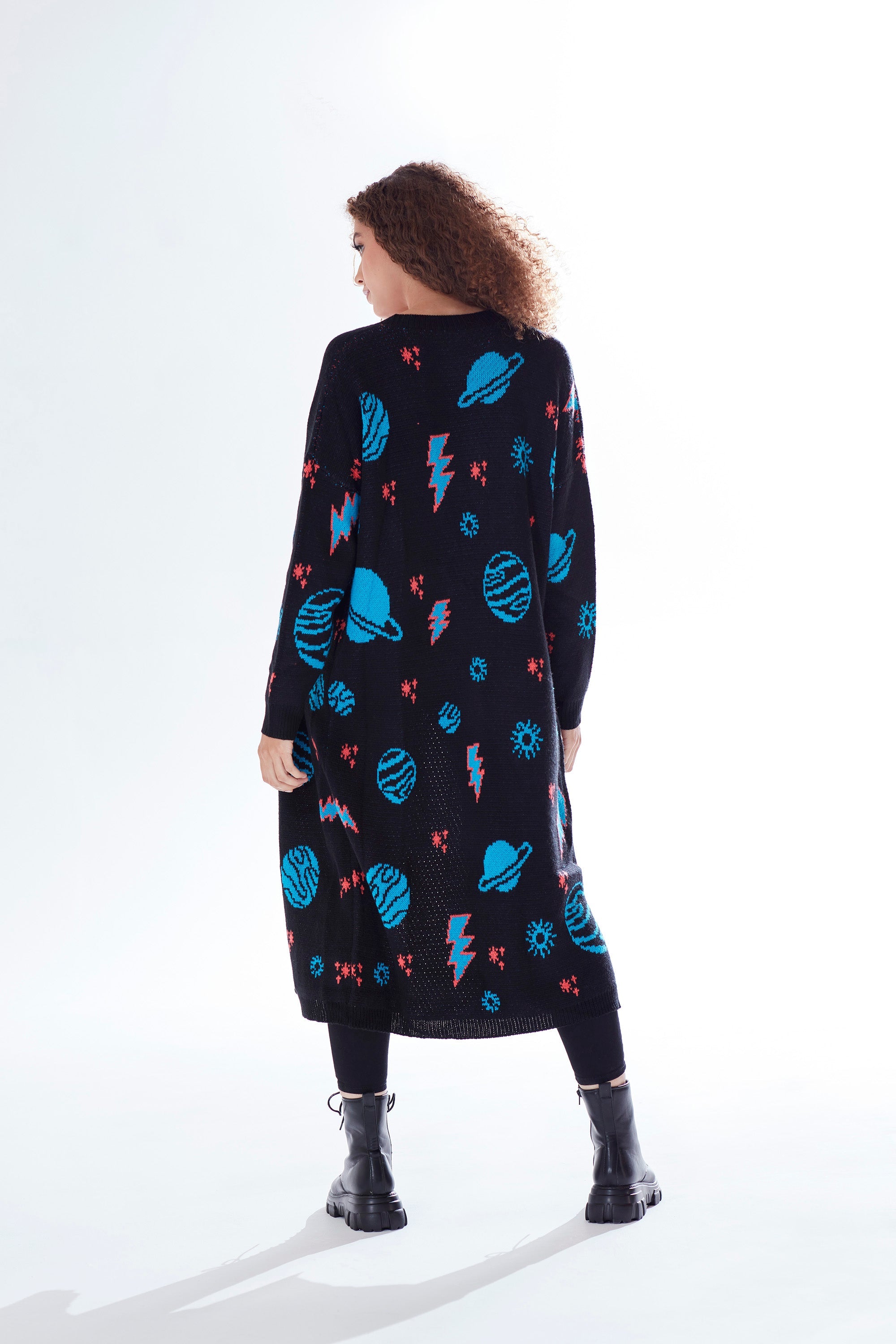 Women's Cardigan in Black with Full-Length Sleeves, Cosmic Pattern, Open Front, Stylish Design by Liquorish