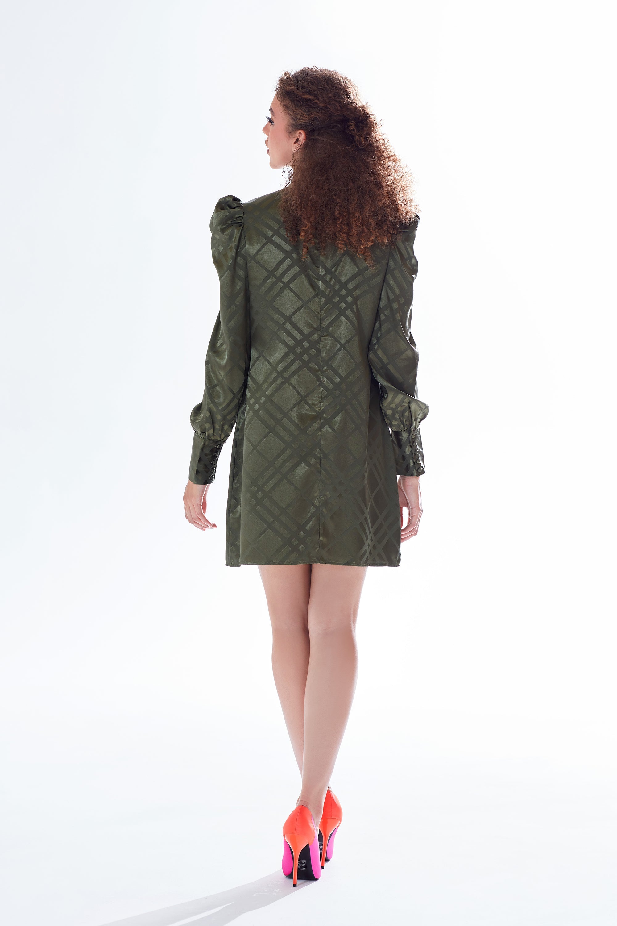 Liquorish check jacquard mini dress with high neck & puff sleeve detail in khaki