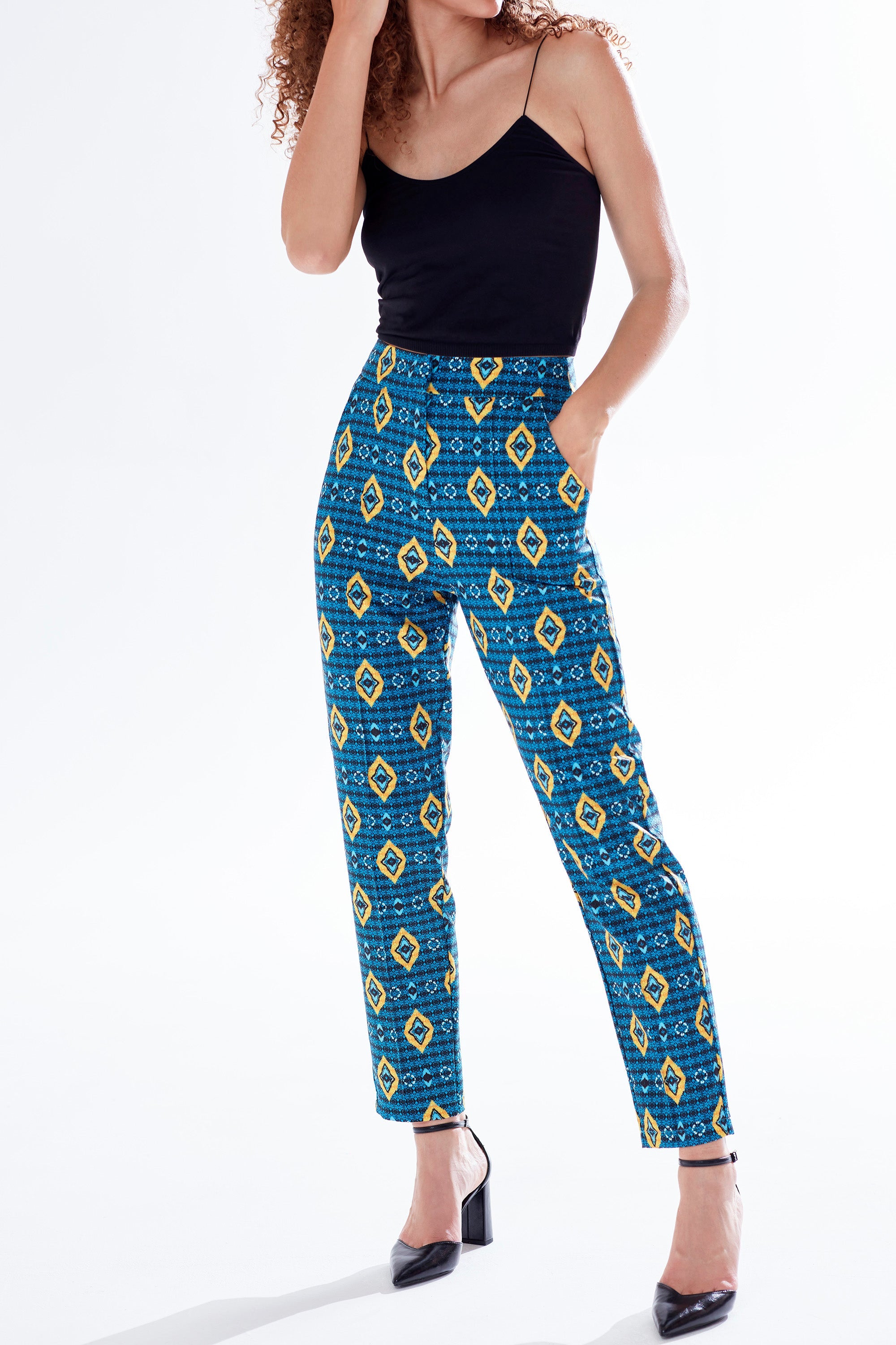 Women's Trousers in Blue, Yellow & Navy with Geometric African Print, High Waisted & Tailored Fit by Liquorish