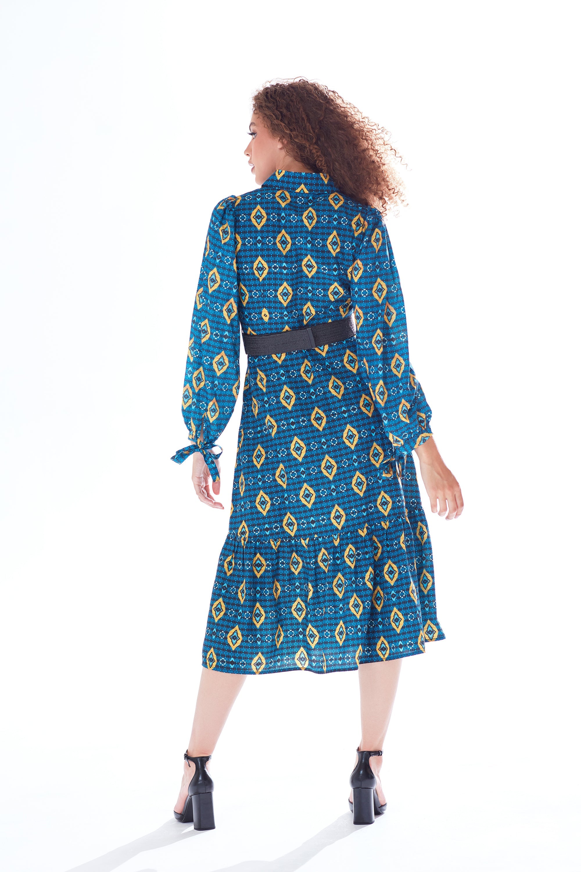 Women's Midi Dress with Sleeveless Design in Blue, Yellow & Navy - Tiered Skirt Detail by Liquorish