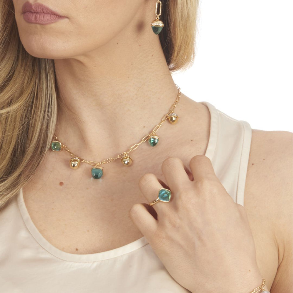 Shop online premium gold plated bracelet with aquamarine pyramidal crystals and sparkling CZ accents.