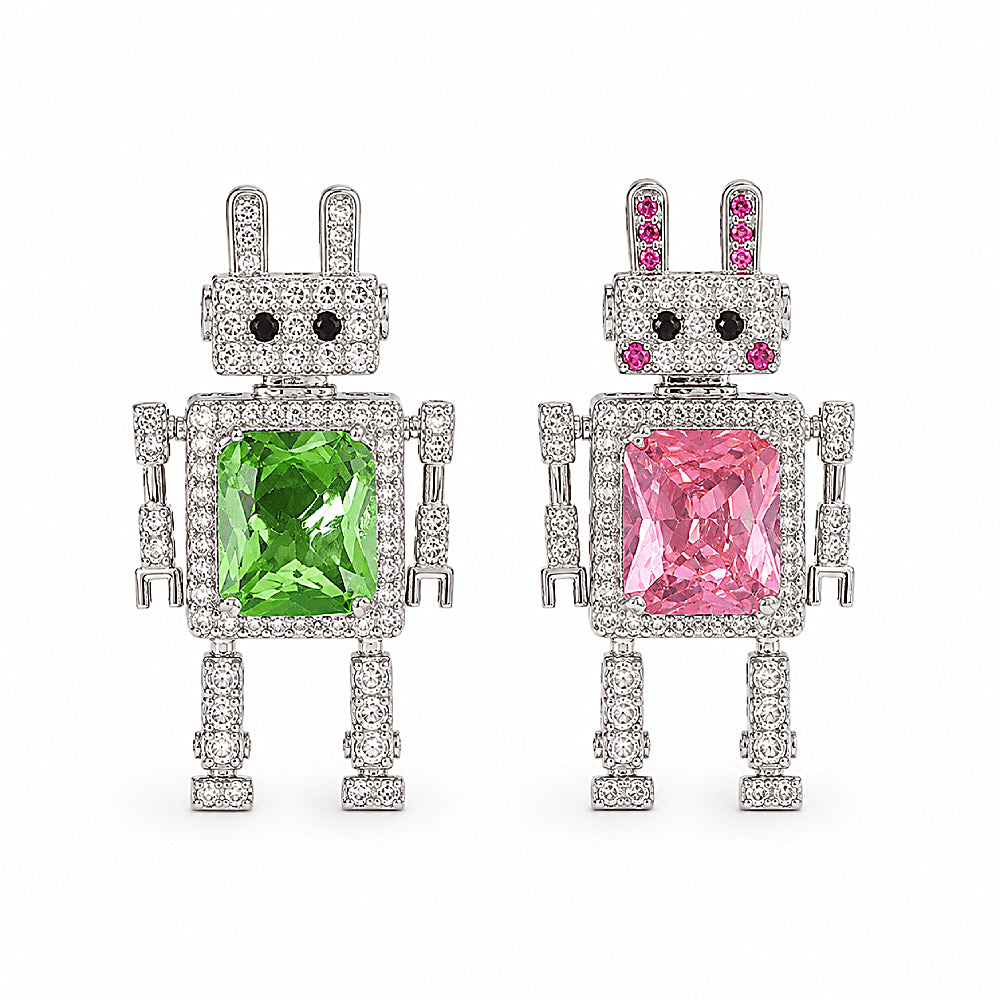 Discover the Little Robots White Gold Summer Earrings at The Luxe Maison, featuring playful robot designs adorned with sparkling zircon stones and vibrant gemstone-inspired details. These whimsical earrings add a fun, eye-catching touch to summer outfits and everyday looks.