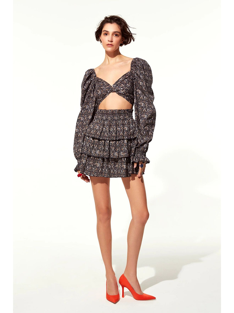 Lolly Tie Back Printed Poplin Top in Dark Brown