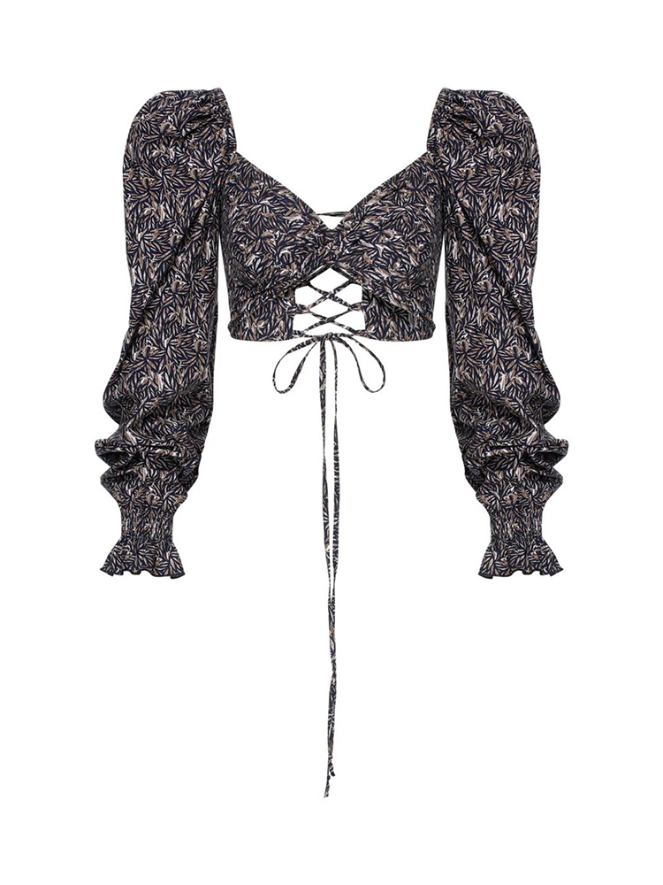 Lolly Tie Back Printed Poplin Top in Dark Brown