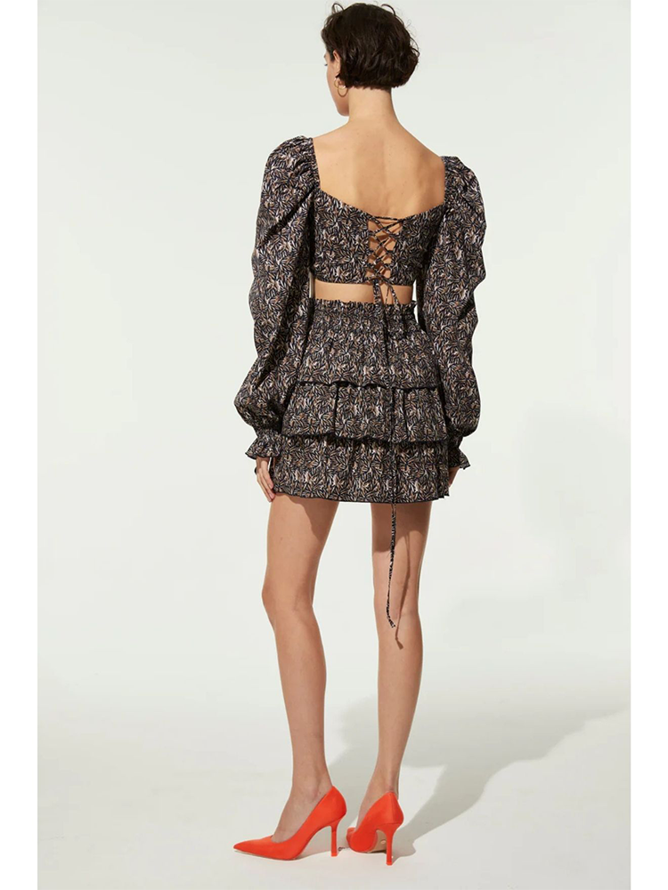 Lolly Tie Back Printed Poplin Top in Dark Brown