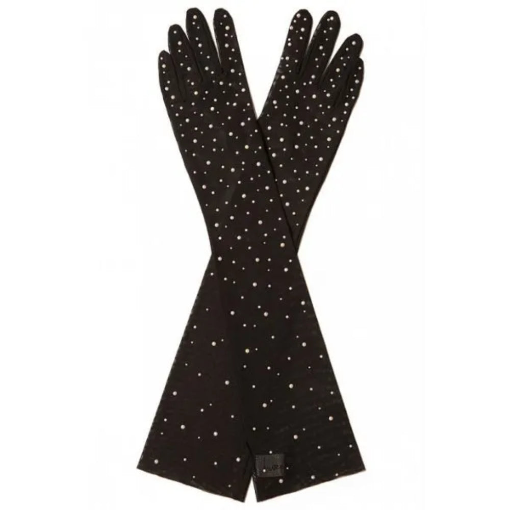 Black long gloves from stretch net with scattering of ceramic pearls. A wardrobe staple for every individual.