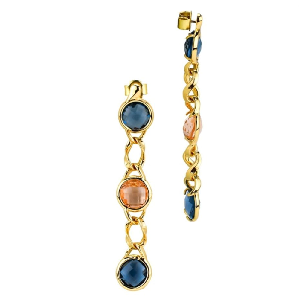 Shop online premium gold plated long earrings with orange and blue round crystals on curb link design for modern elegant styling.