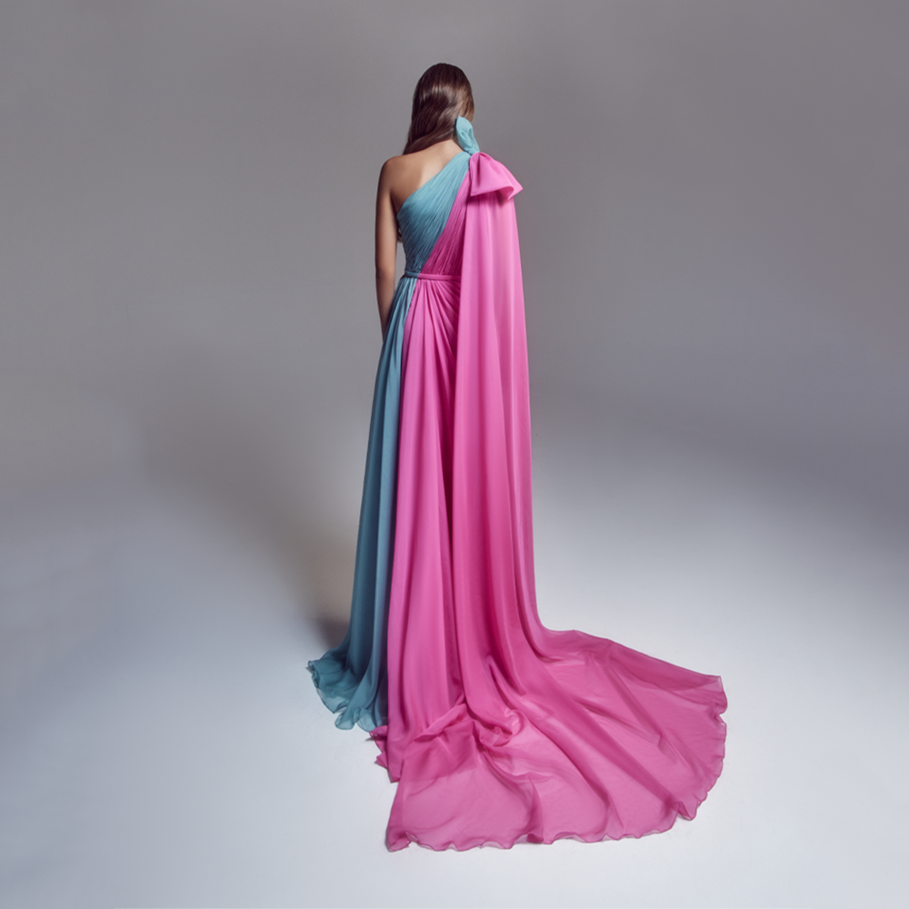 Long draped, Asymmetrical “Bubble Gum pink” and “Teal Green” chiffon dress, a slit skirt and a cape.