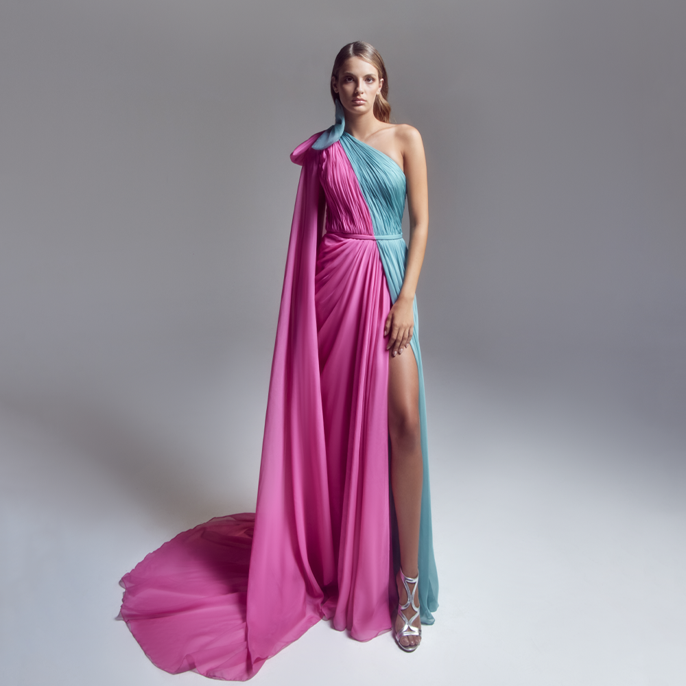 Long draped, Asymmetrical “Bubble Gum pink” and “Teal Green” chiffon dress, a slit skirt and a cape.