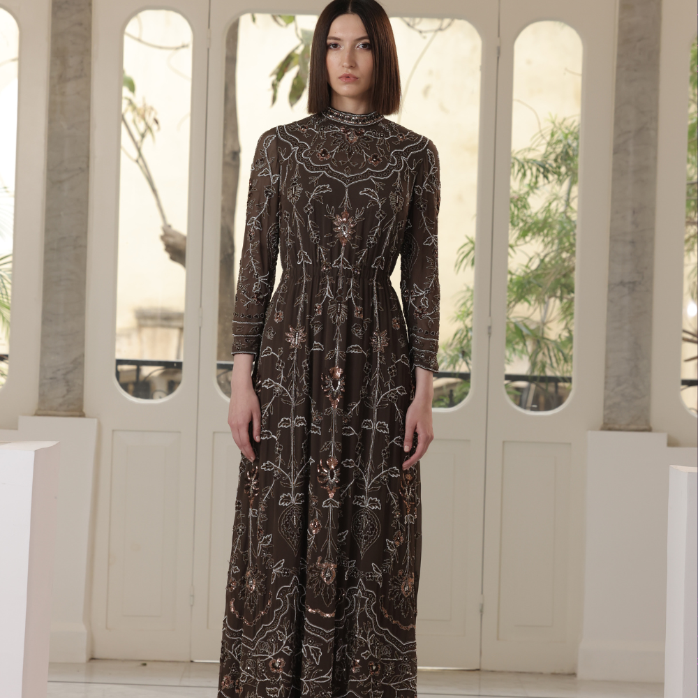 Long embroidered dark brown georgette dress with sleeves