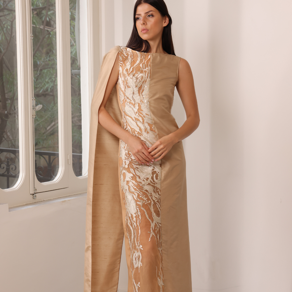 Long embroidered tulle dress and bronze silk chantung