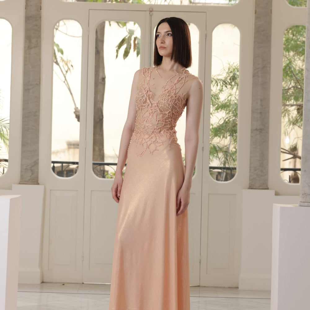 Long salmon silk jersey dress with embroidered bust