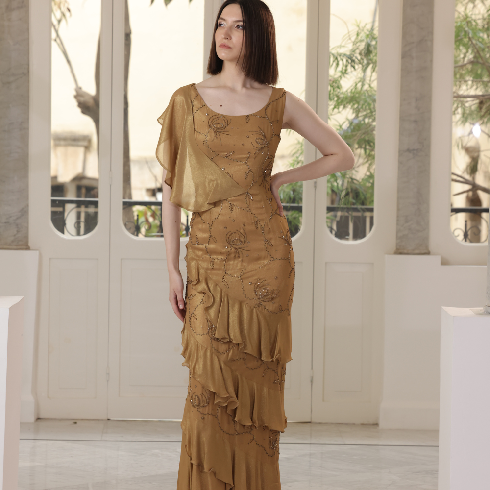 Long silk bronze emboidered muslin dress