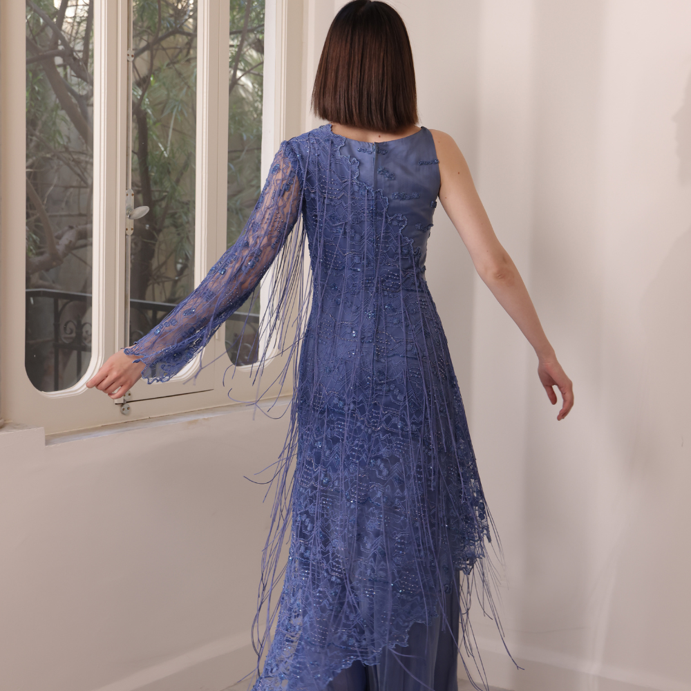 Long silk muslin blue dress with emboidered lace