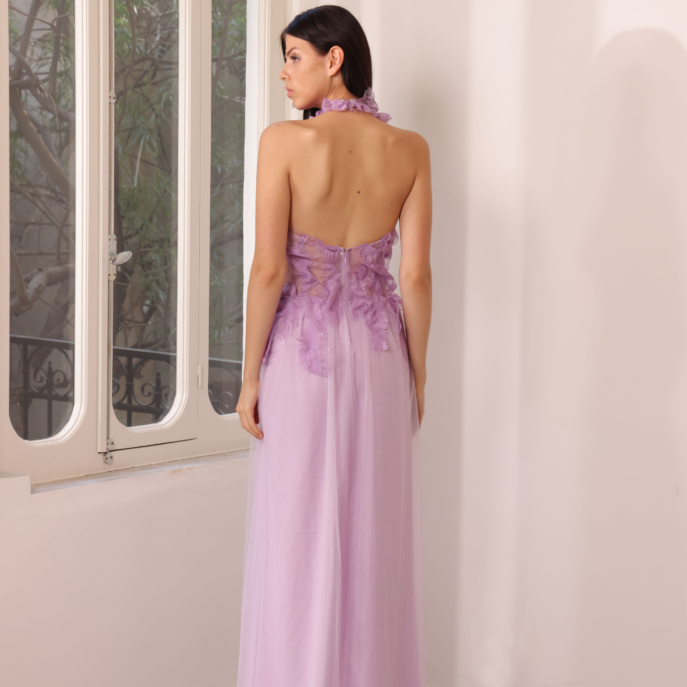 Long violet tulle dress with embroidered tulle bust