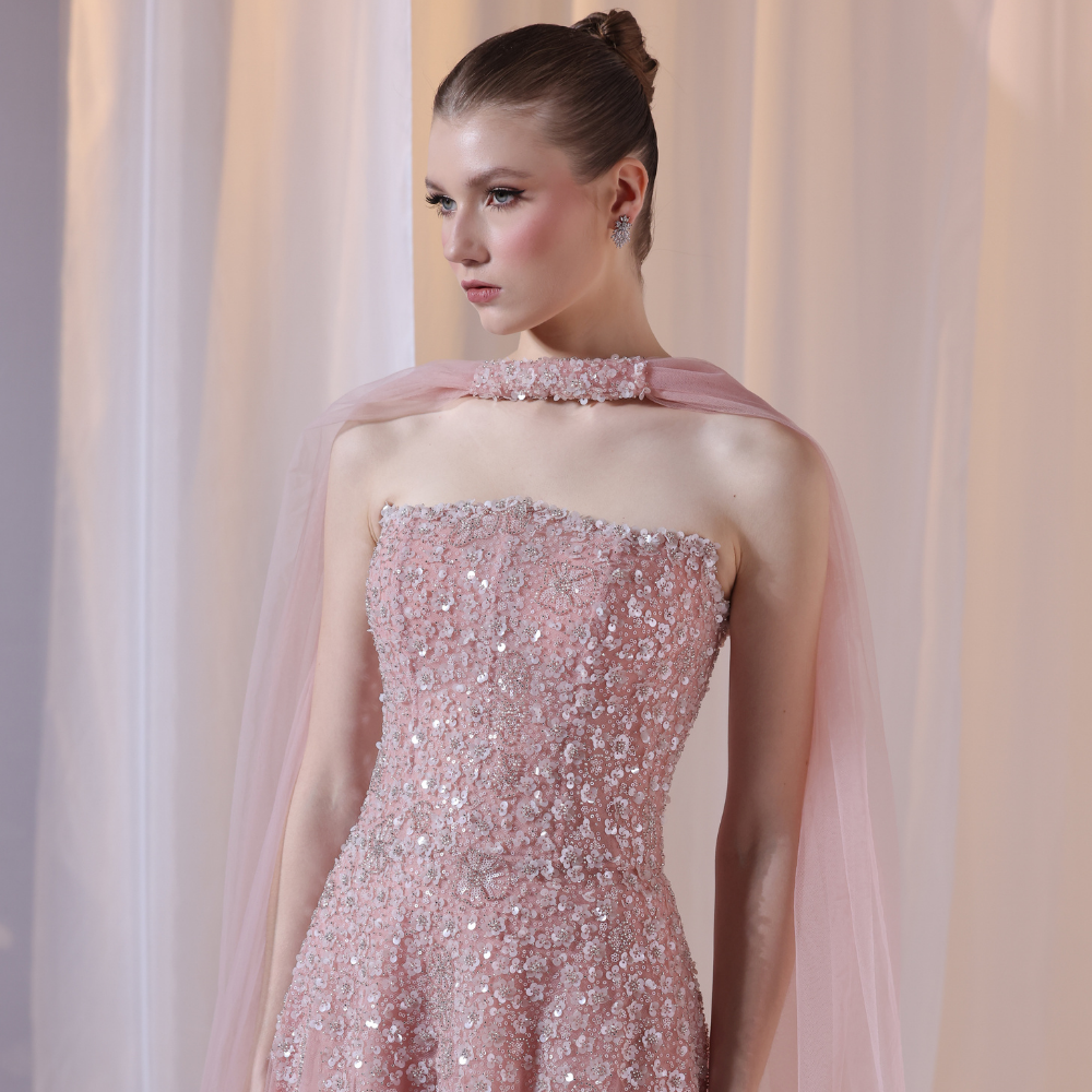 Shop online soft blush gown with delicate shimmer, airy movement and refined elegance, perfect for parties, receptions and special occasions.