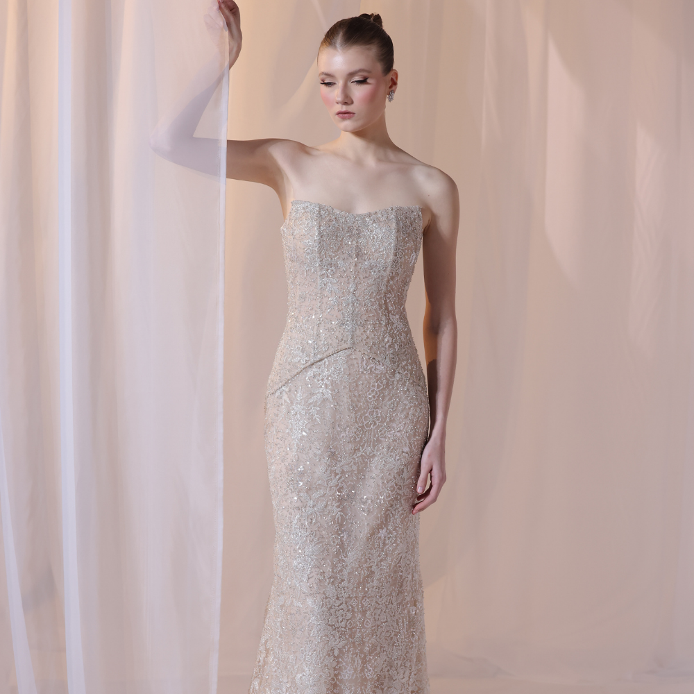 Shop online refined champagne gown with delicate all-over shimmer and sleek fitted silhouette, perfect for parties, receptions and special occasions.