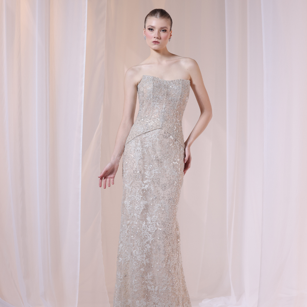 Shop online refined champagne gown with delicate all-over shimmer and sleek fitted silhouette, perfect for parties, receptions and special occasions.