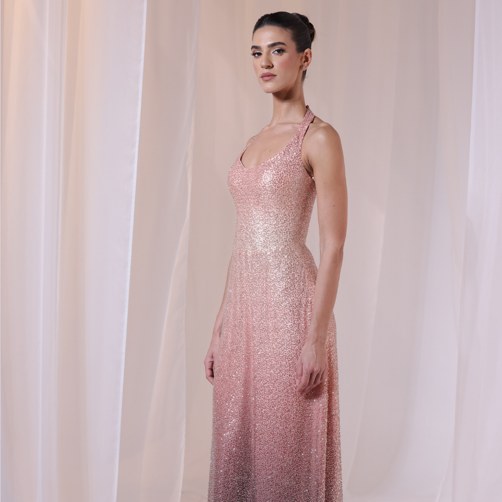 Shop online shimmering rose-toned gown with soft gradient finish, delicate straps and sleek radiant silhouette, perfect for parties and special occasions.