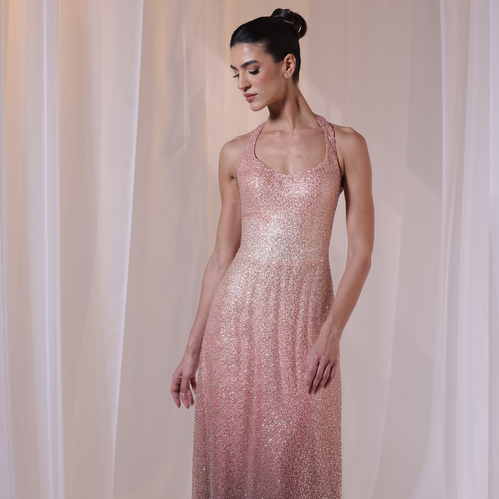Shop online shimmering rose-toned gown with soft gradient finish, delicate straps and sleek radiant silhouette, perfect for parties and special occasions.
