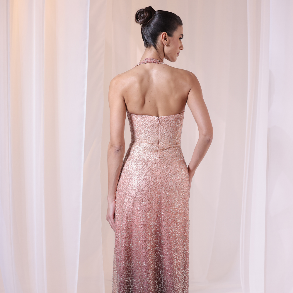 Shop online shimmering rose-toned gown with soft gradient finish, delicate straps and sleek radiant silhouette, perfect for parties and special occasions.